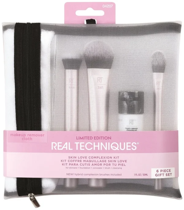 REAL TECHNIQUES Edición Limitada HOLIDAYS: Skin Love Complexion Kit - Kit brochas con gel limpiador incluye estuche^ Mantas/kit Pinceles